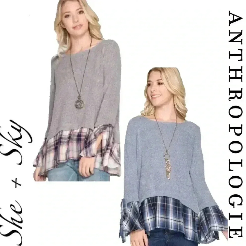 "Leah" Perfectly Plaid Hemmed LS Top in Blue&Gray